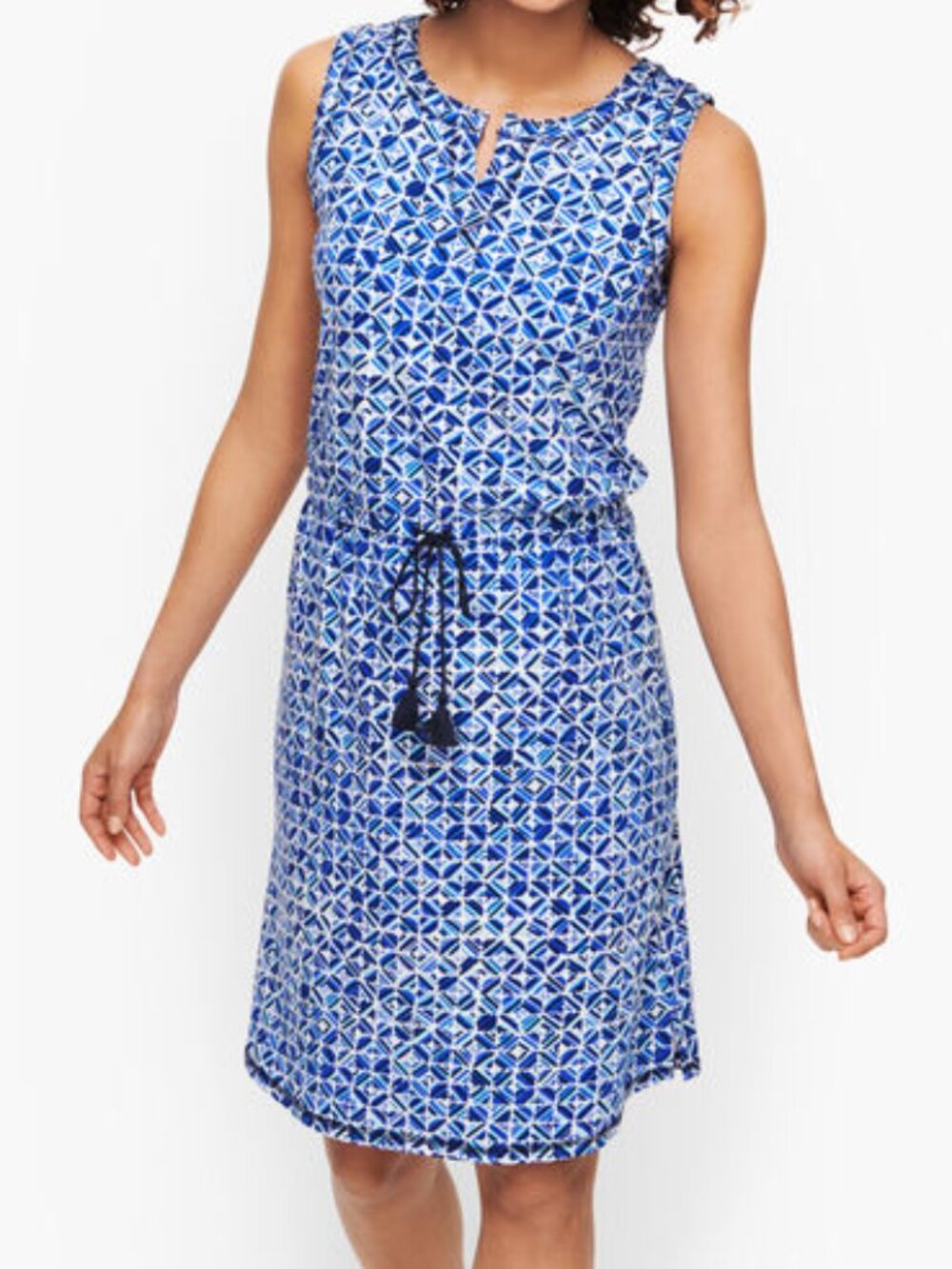 Talbots Sleeveless Waterclolor Tile Knit Tank Dress Size Sp Blue Geometric
